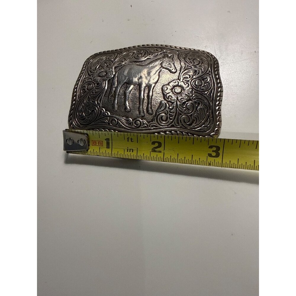 Vintage Horse Design Western Belt Buckle Silver-Tone Floral Engraving 3" x 2.50" - Picture 3 of 4